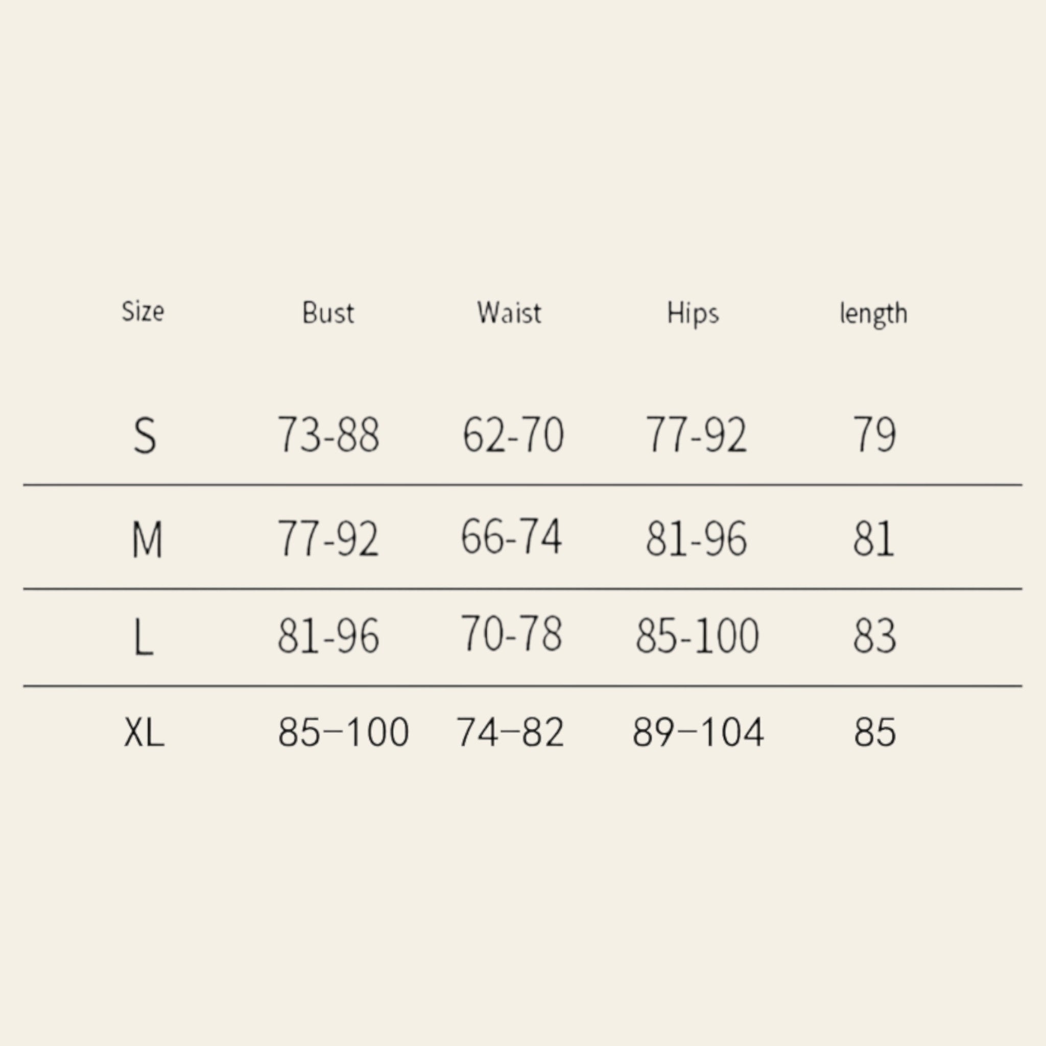 Dress size chart showing bust, waist, hips, and length measurement for S-XL