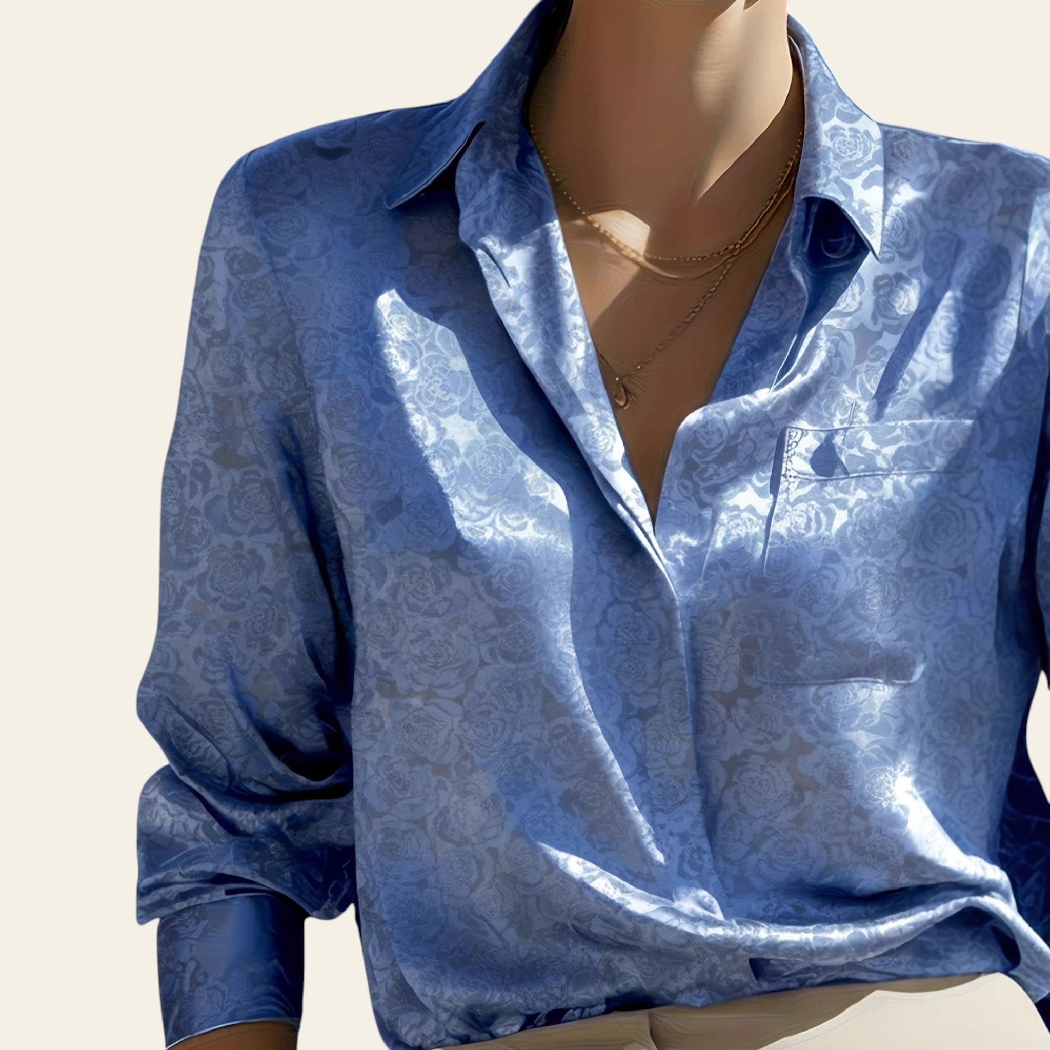 Blue patterned shirt worn by a mannequin against a neutral background