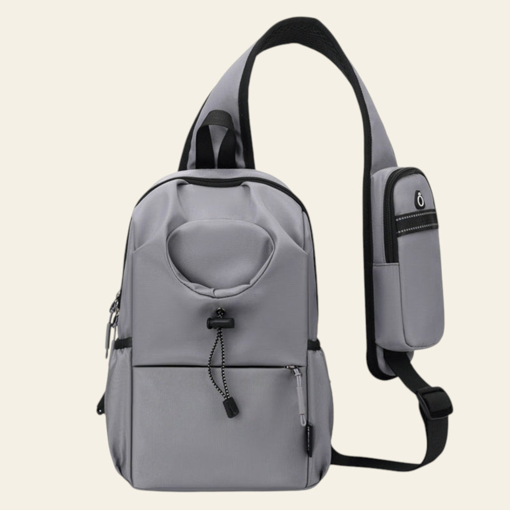 Gray sling bag with black accents on a white background