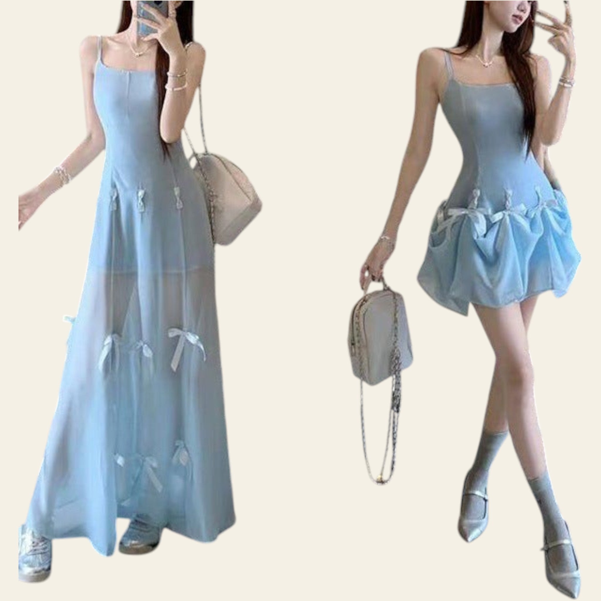 Light blue bow-neck sleeveless slip dress