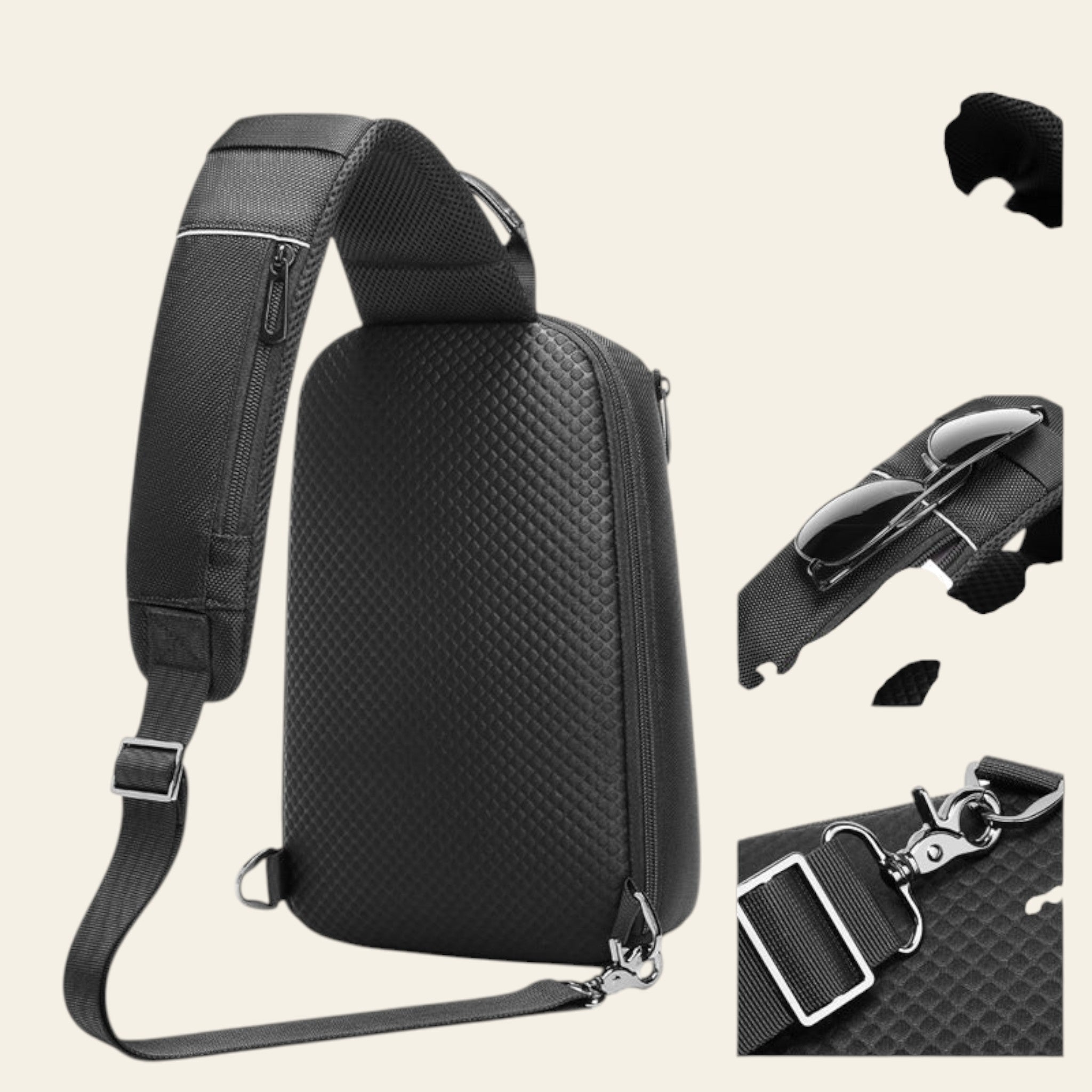 Black textured crossbody bag with details on a white background