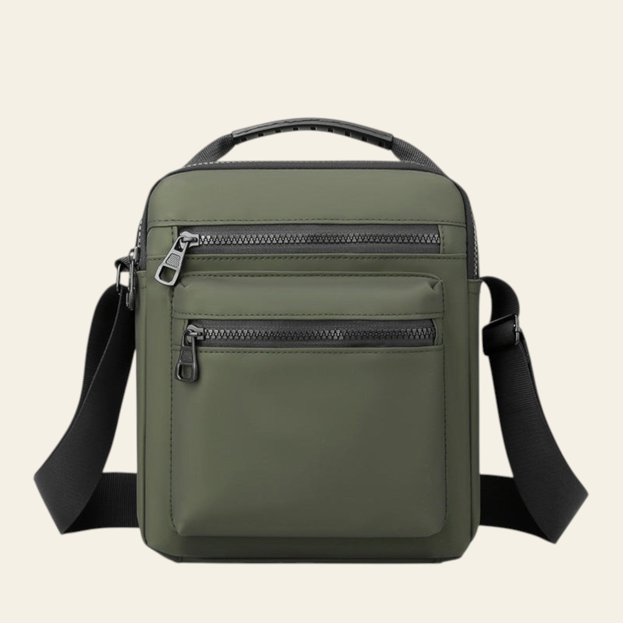 Green backpack with multiple pockets and zippers on a white background
