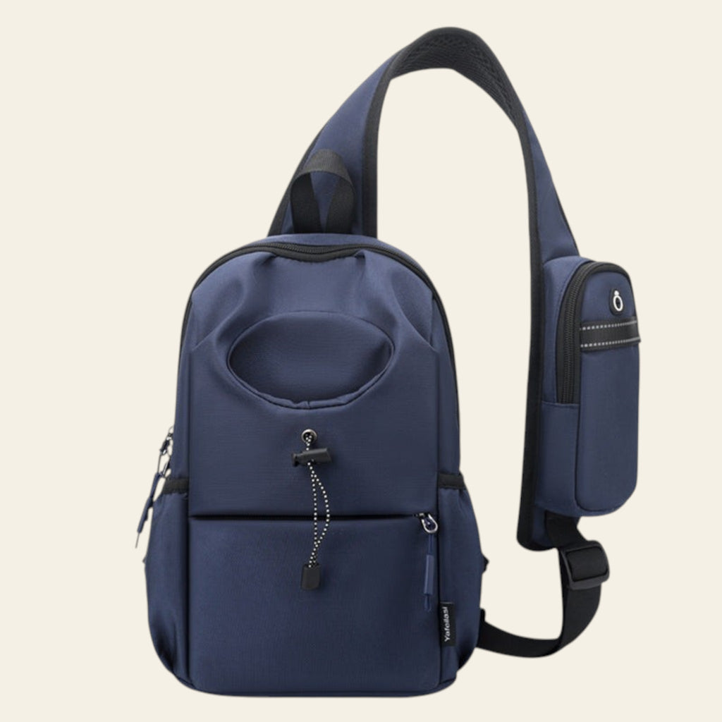 Navy blue sling bag with a strap on a white background