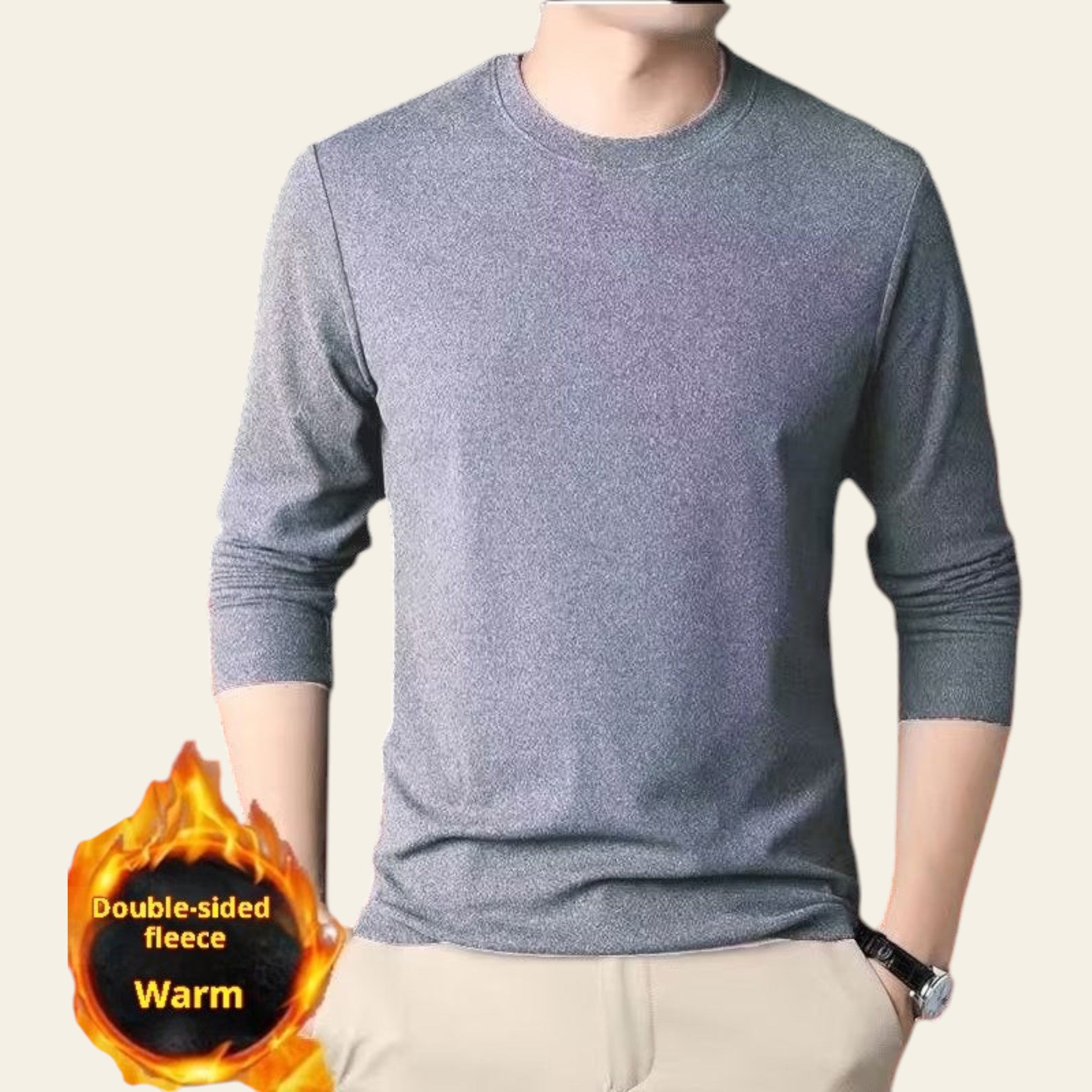 Mannequin wearing a light gray double-sided fleece crewneck sweater