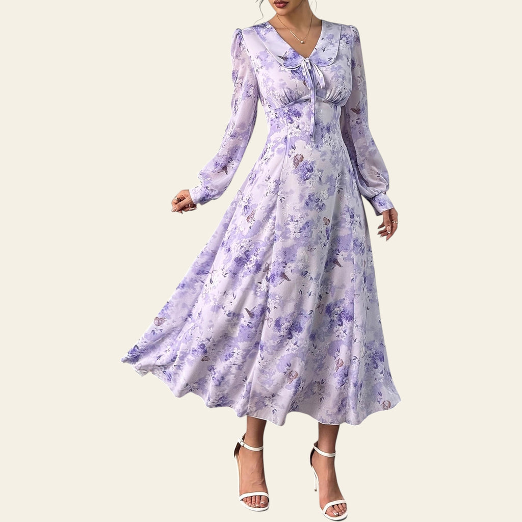 Light blue floral A-line midi dress with long sleeves