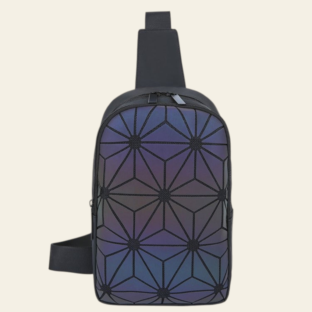 Sling bag with geometric pattern on a white background