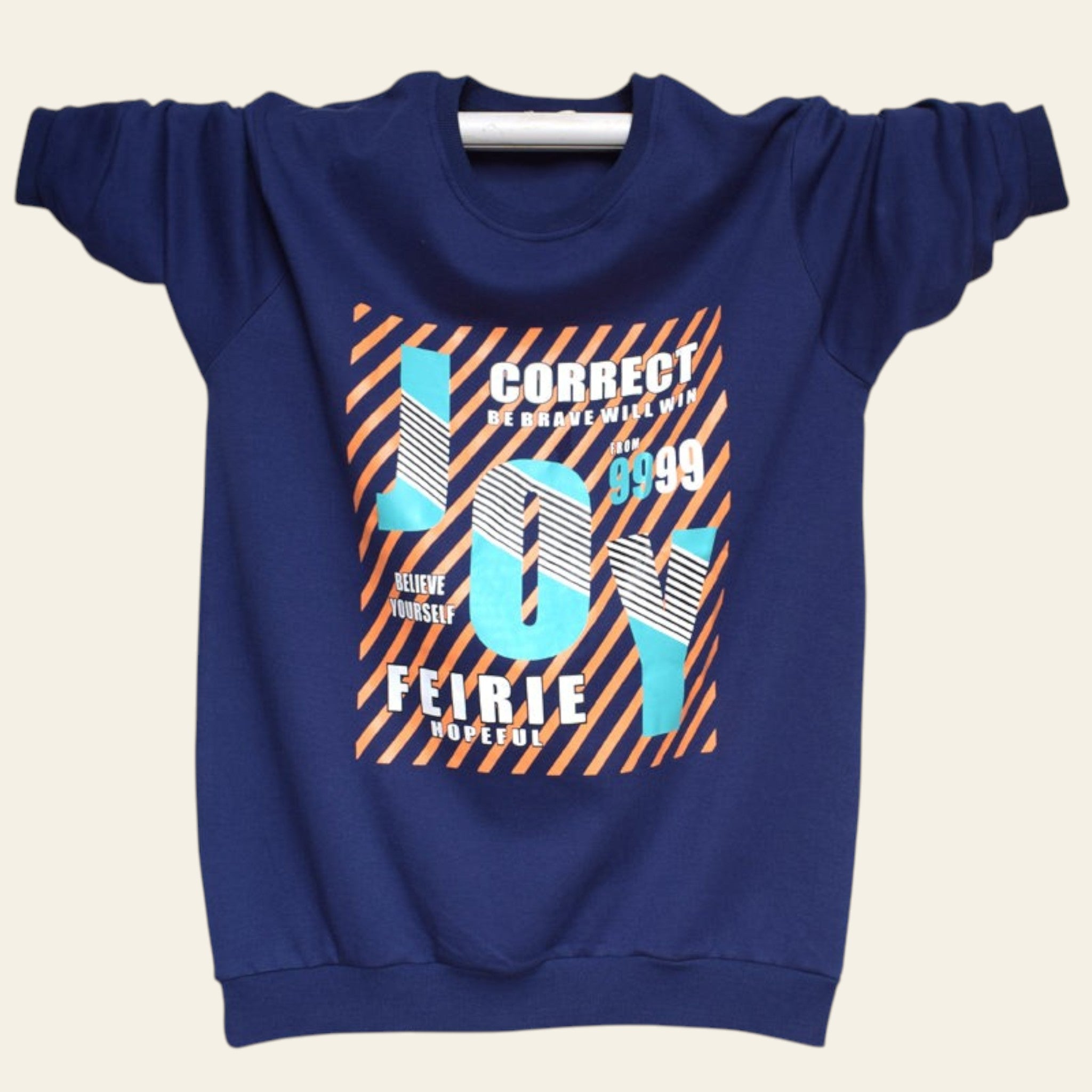 Blue sweatshirt with colorful text design on a white wooden background