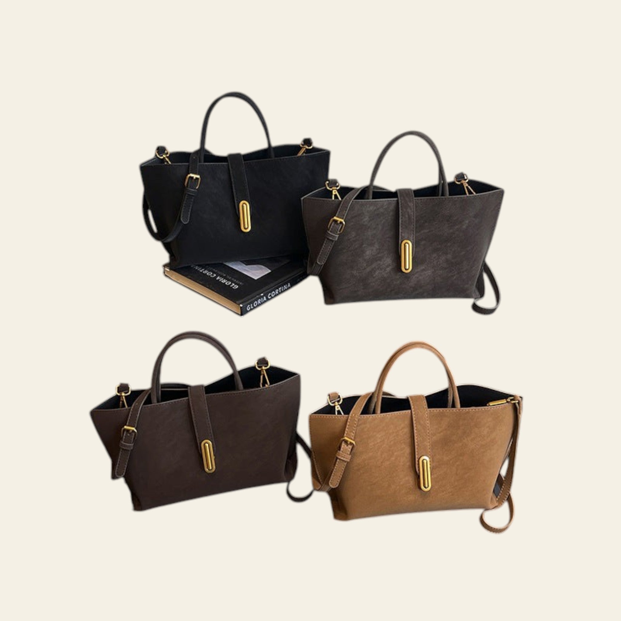 Four handbags in black, brown, and beige on a black leather chair.