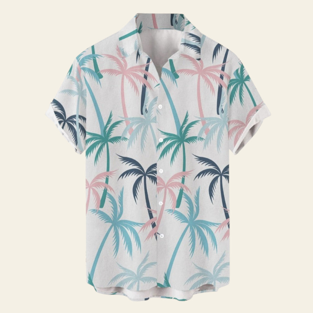 White men's short sleeve shirt with pastel palm tree print, lightweight casual summer shirt