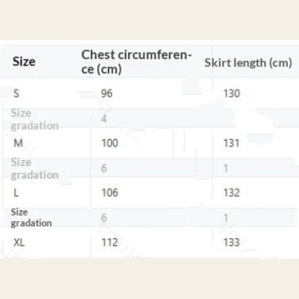 Dress size chart with chest circumference and skirt length in cm