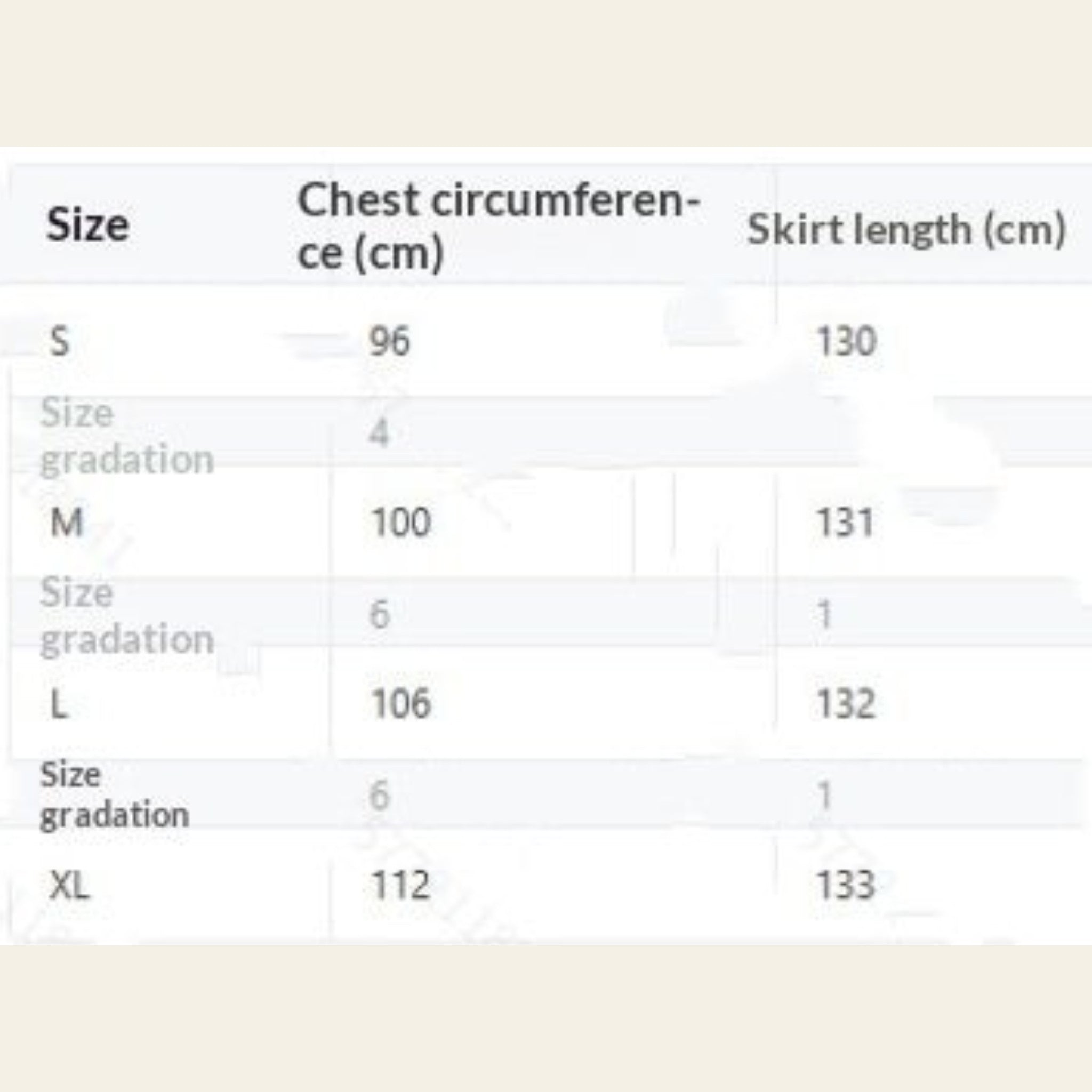 Dress size chart with chest circumference and skirt length in cm