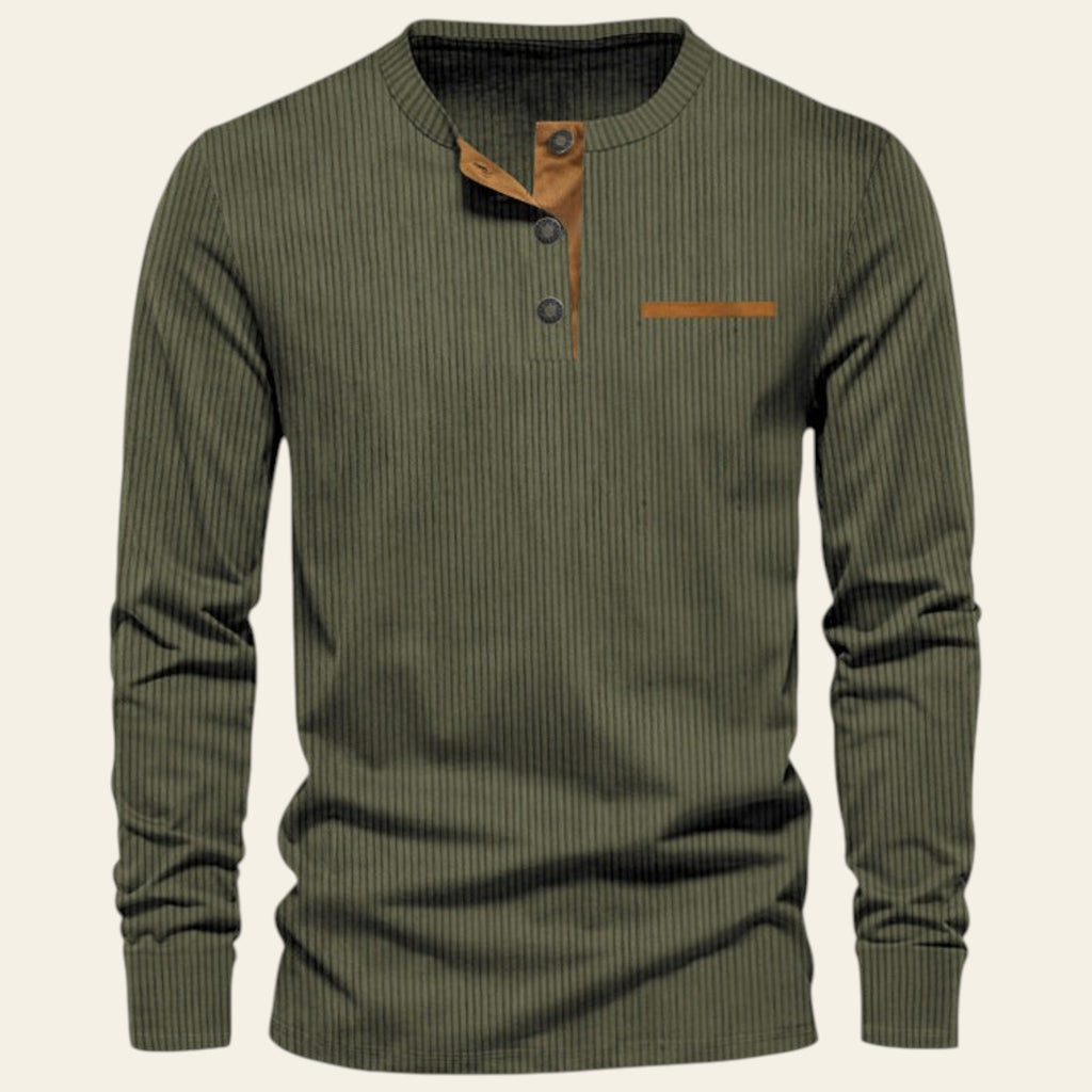 Green ribbed long-sleeve shirt with brown buttons and pocket on a white background