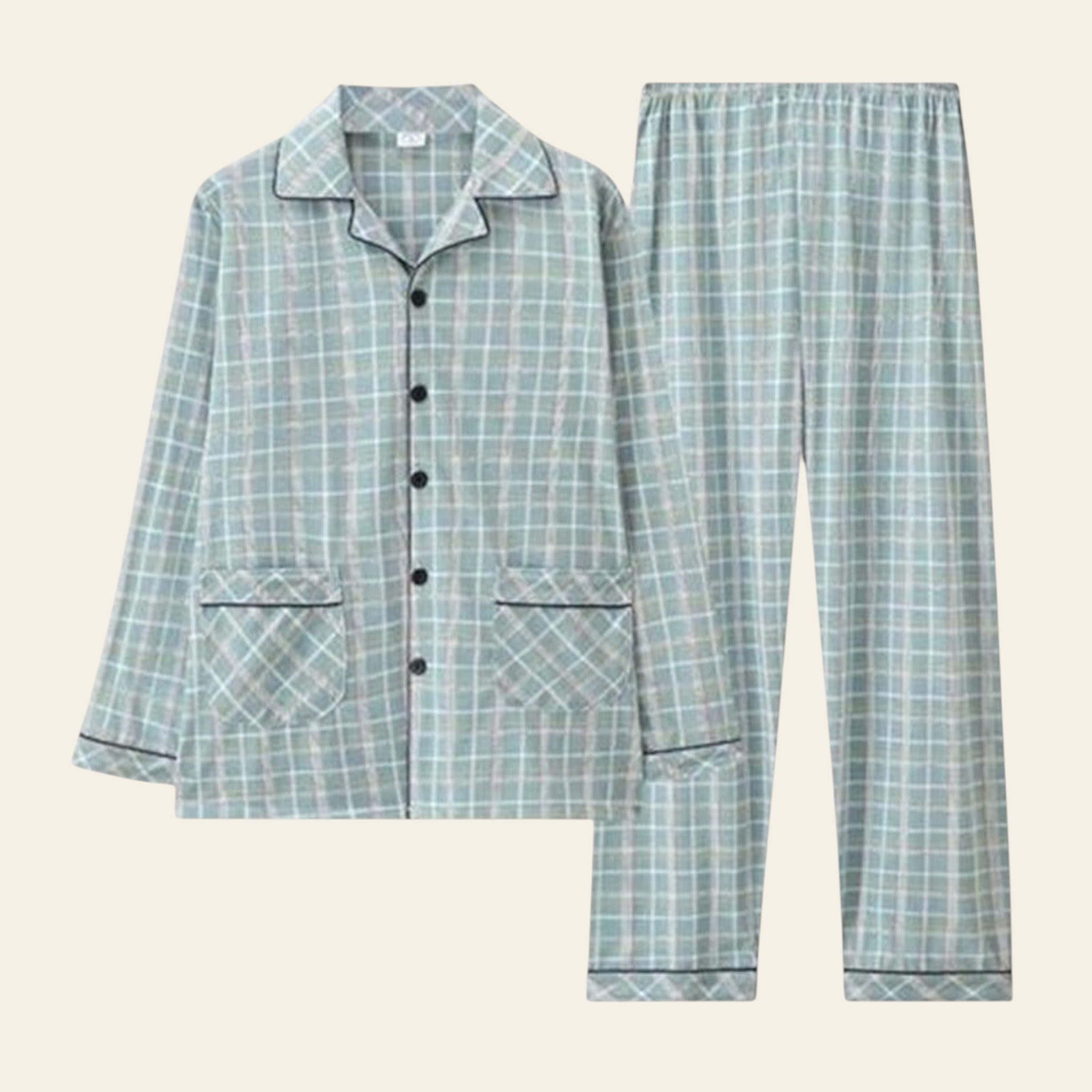 Plaid pajama set with shirt and pants on a white background