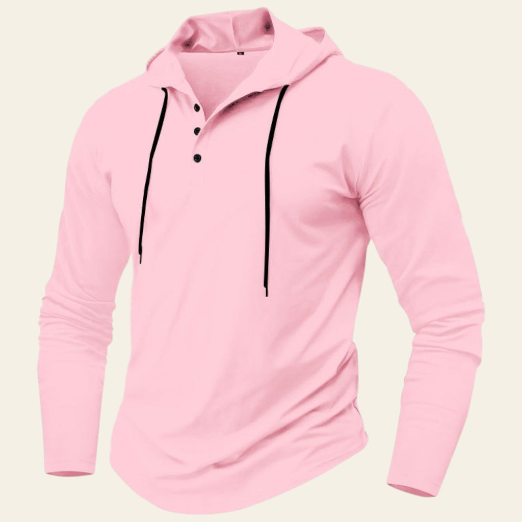 Pink hoodie with black accents on a white background