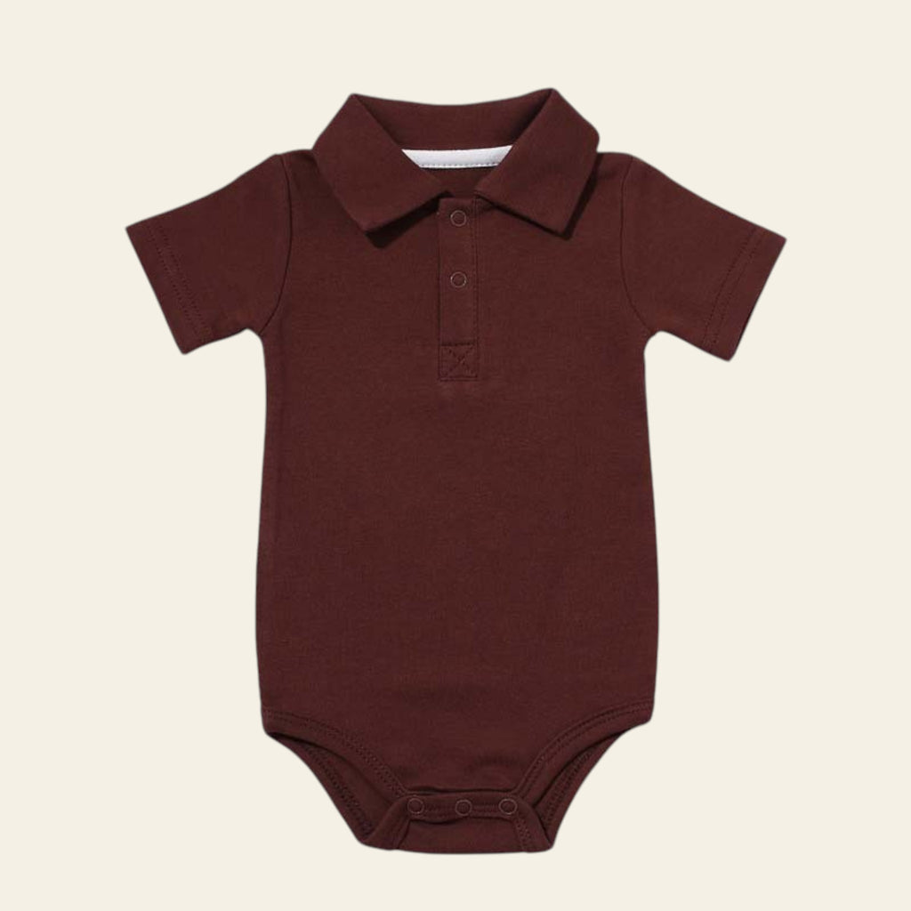 Brown baby onesie with a collar on a white background