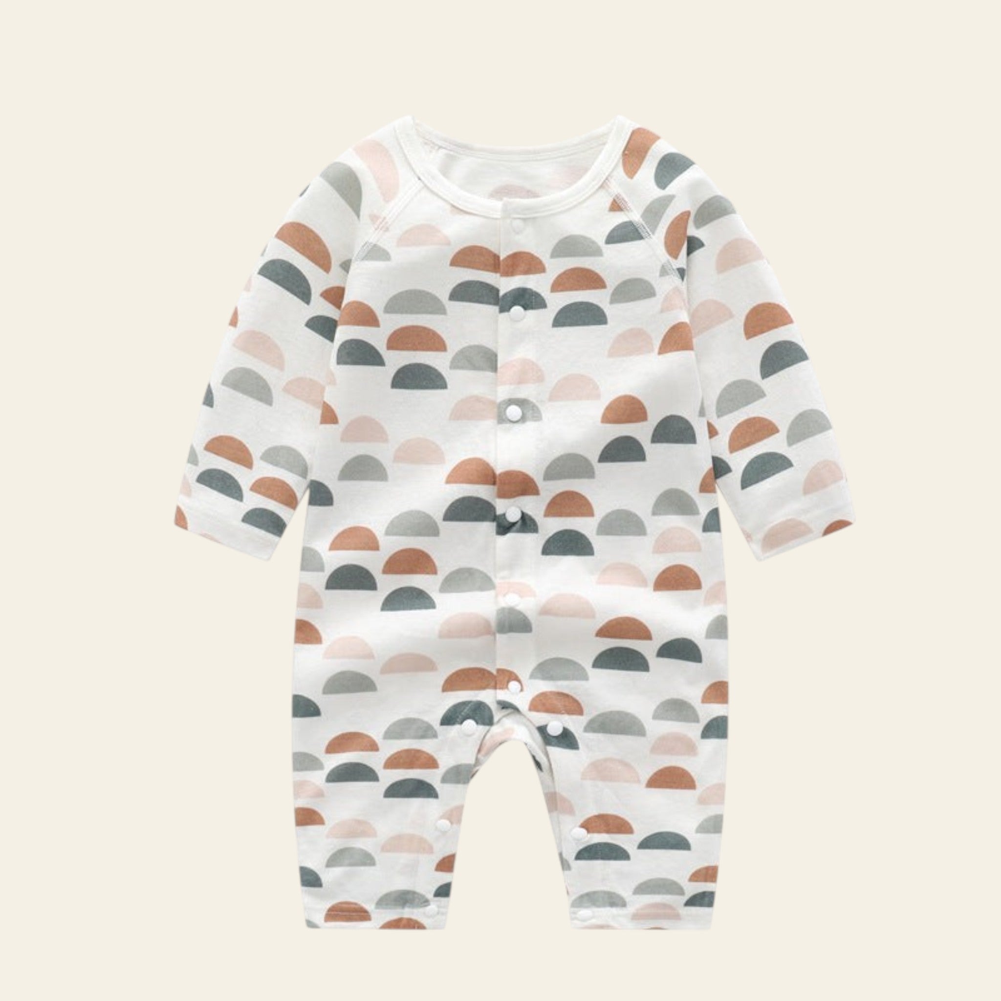Baby onesie with colorful pattern on a white background