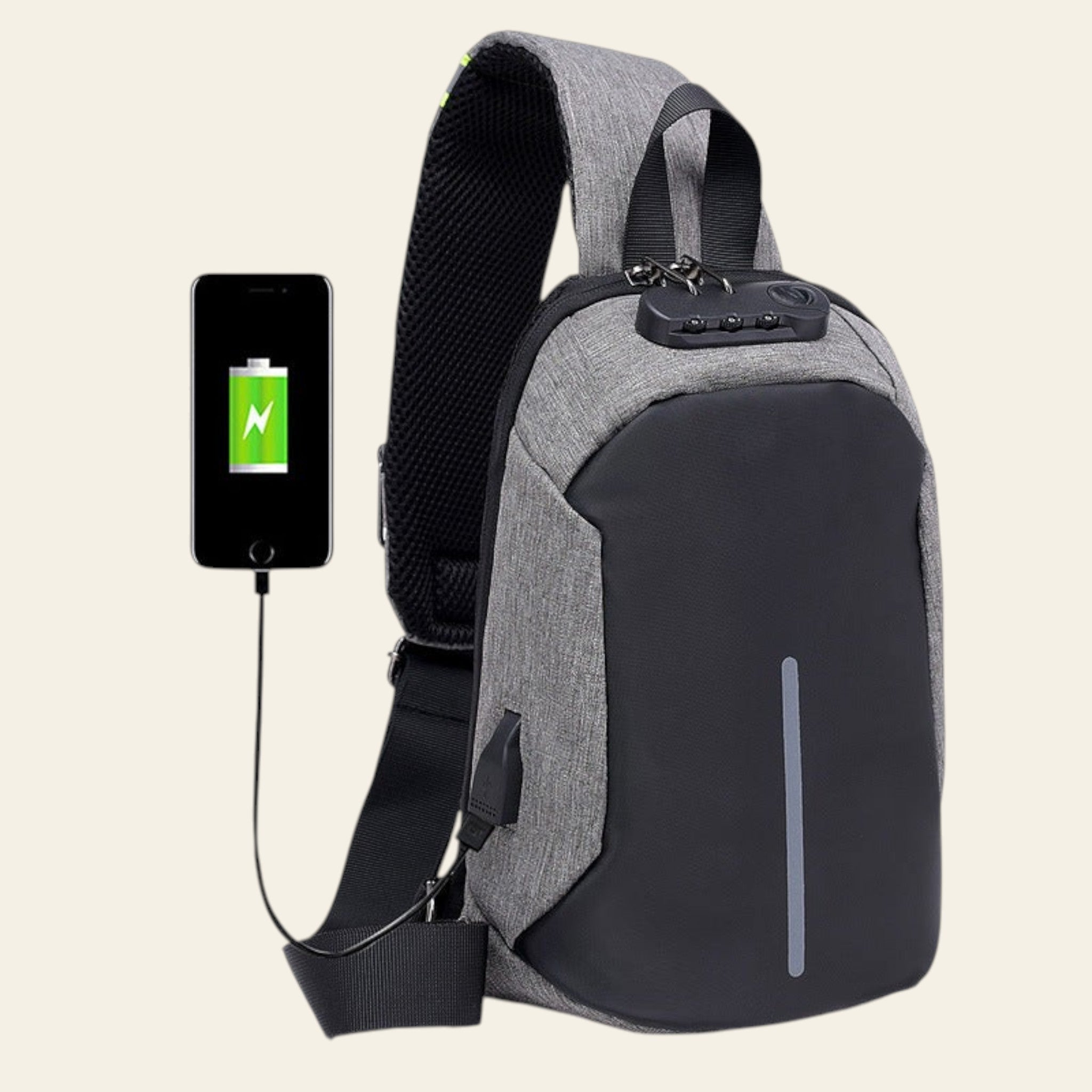 Gray and black crossbody bag with USB charging port and smartphone showing charging icon.