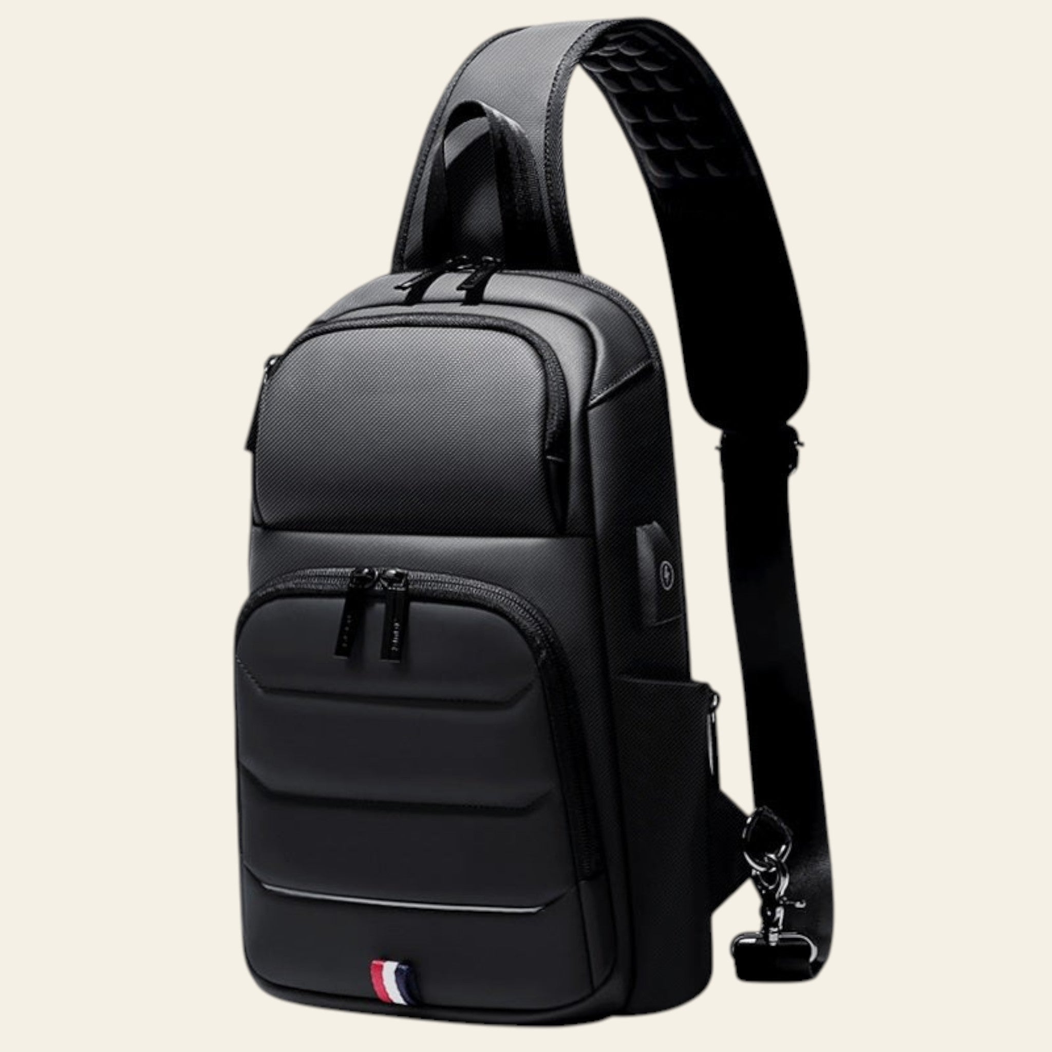 Black sling bag with a visible brand logo on a white background