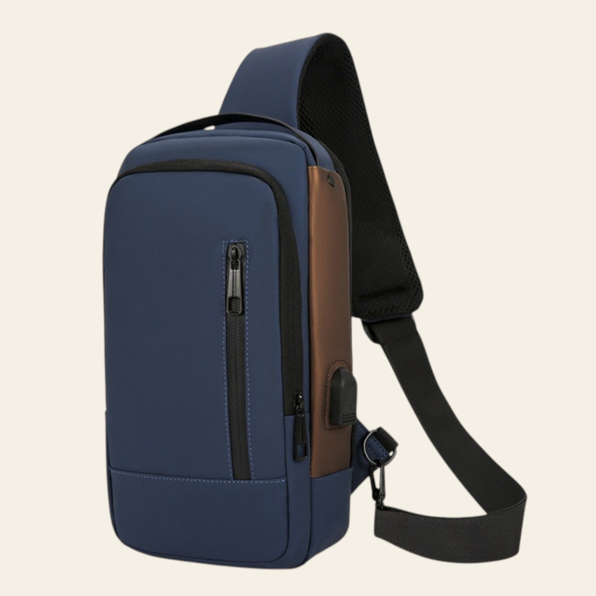 Blue sling bag with a brown accent on a white background