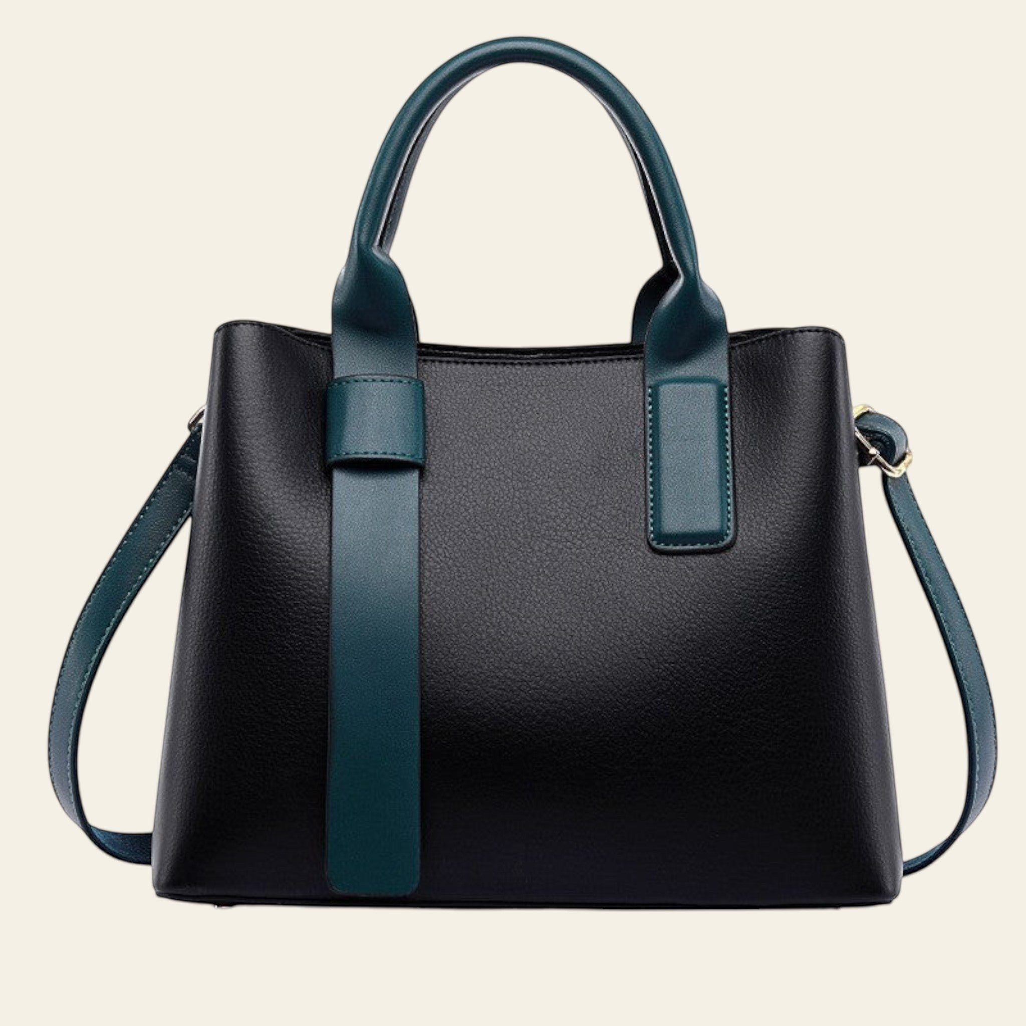 Black handbag with teal accents on a white background