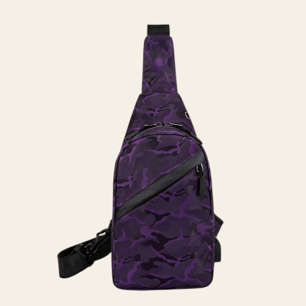 Purple camouflage sling bag on a white background