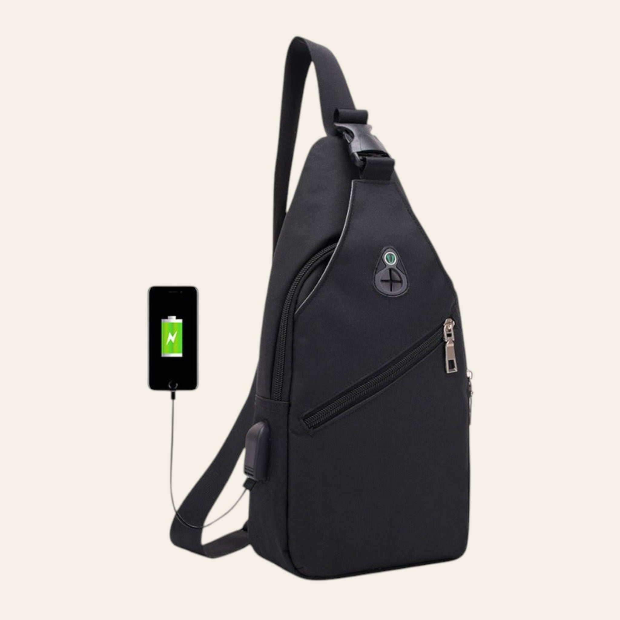 Black sling bag with USB port on a white background