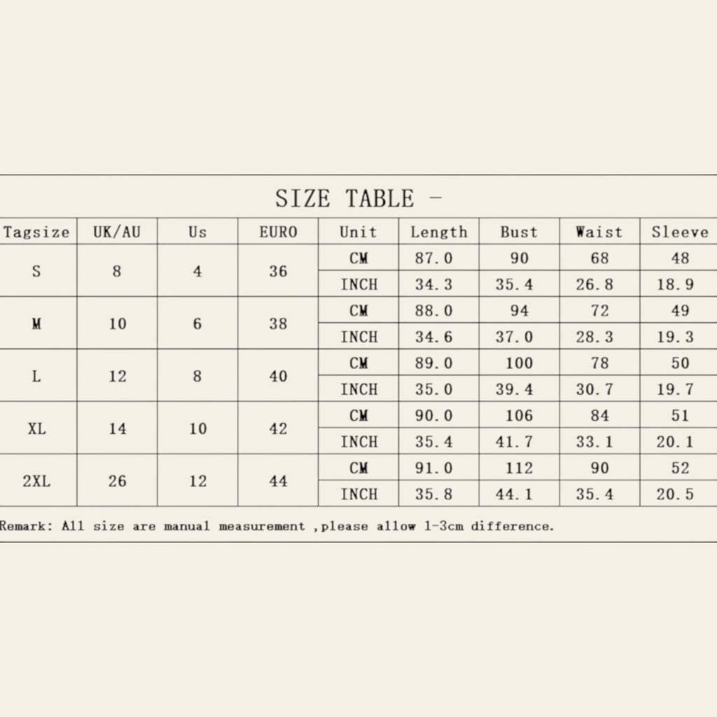 Women's dress size chart with bust, waist, sleeve, and length measurements