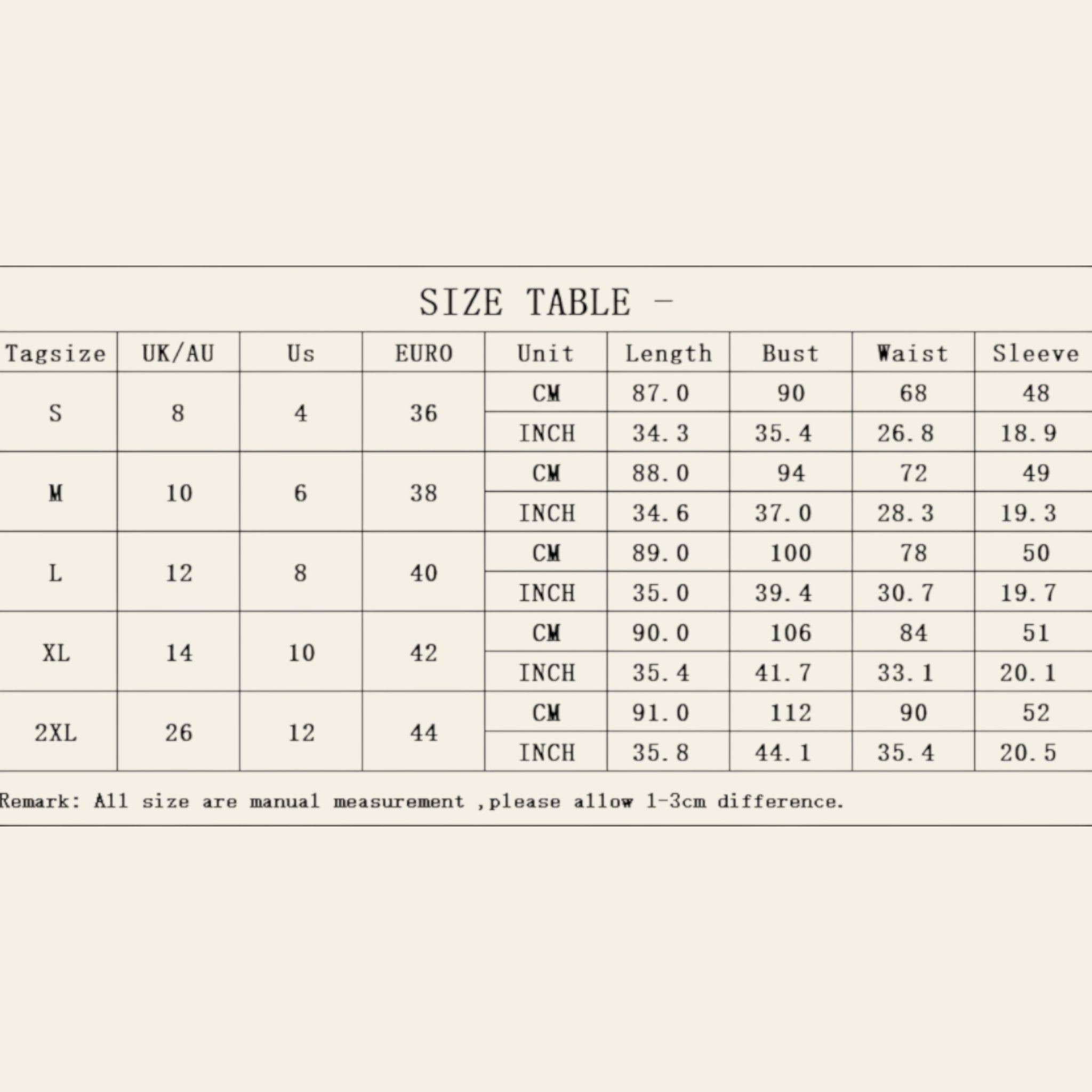Women's dress size chart with bust, waist, sleeve, and length measurements