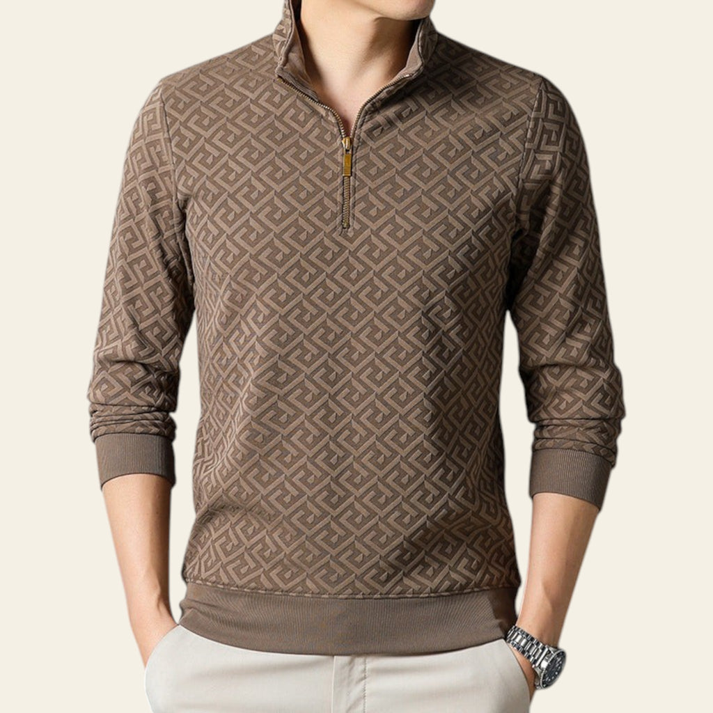 Men's camel textured half-zip long sleeve pullover shirt with stand collar