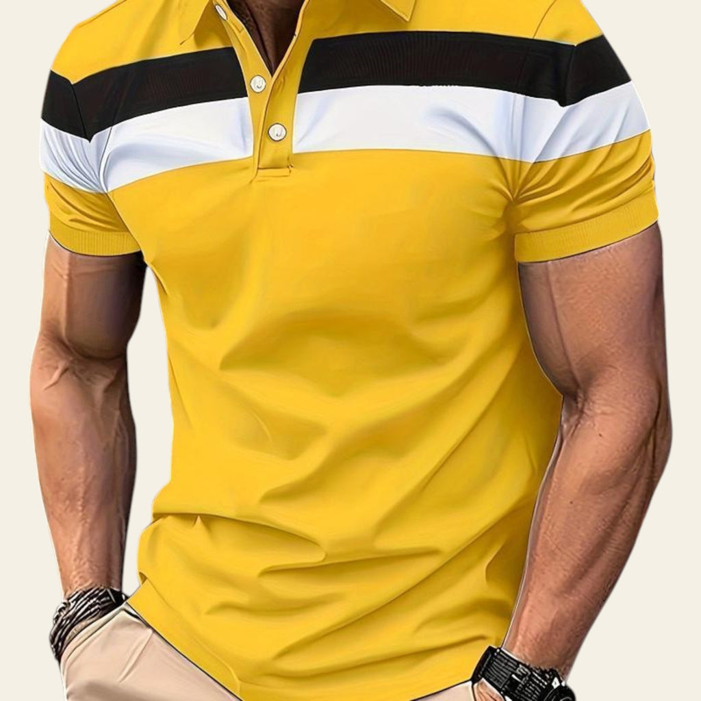 Man wearing a yellow polo shirt with black and white horizontal stripes on a city street