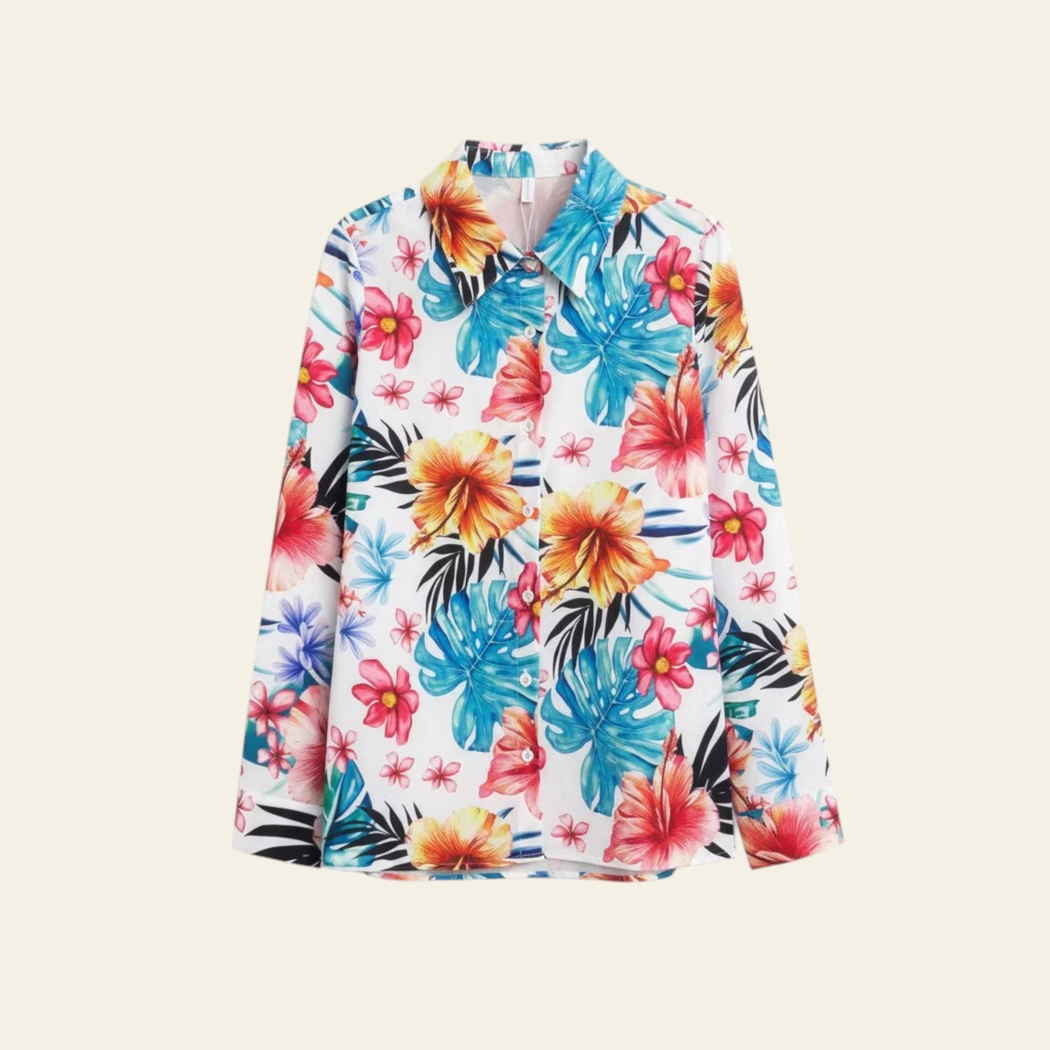 Colorful floral long-sleeve shirt on a white background