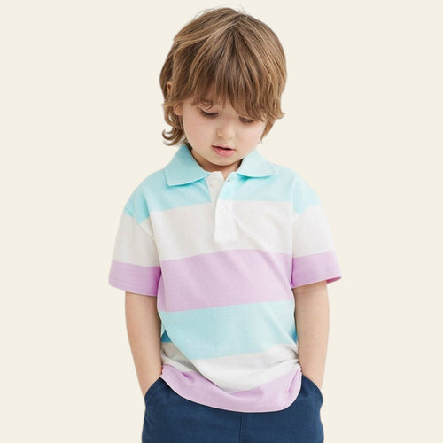 Child wearing a pastel striped polo shirt against a plain background