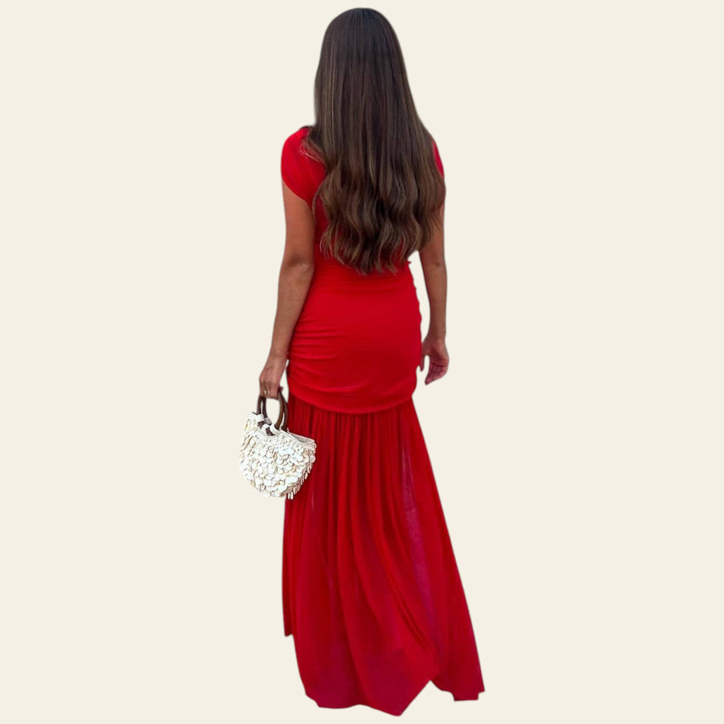 Red mesh patchwork maxi dress on model  (back view)