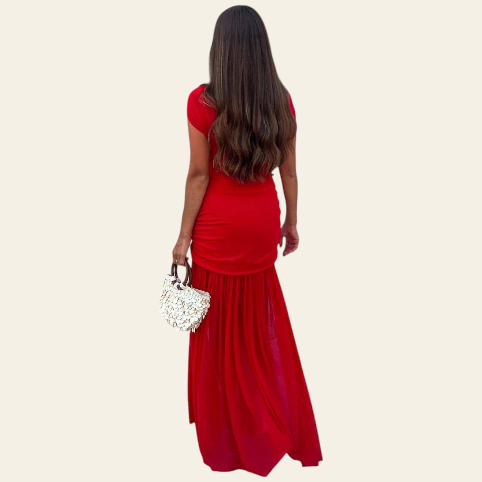 Red mesh patchwork maxi dress on model  (back view)