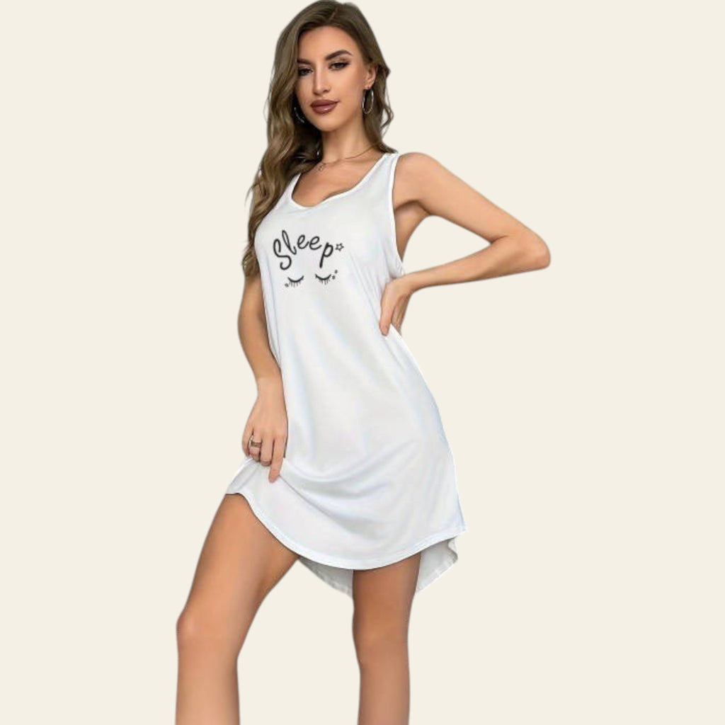 Front view of a woman wearing a white sleeveless casual dress