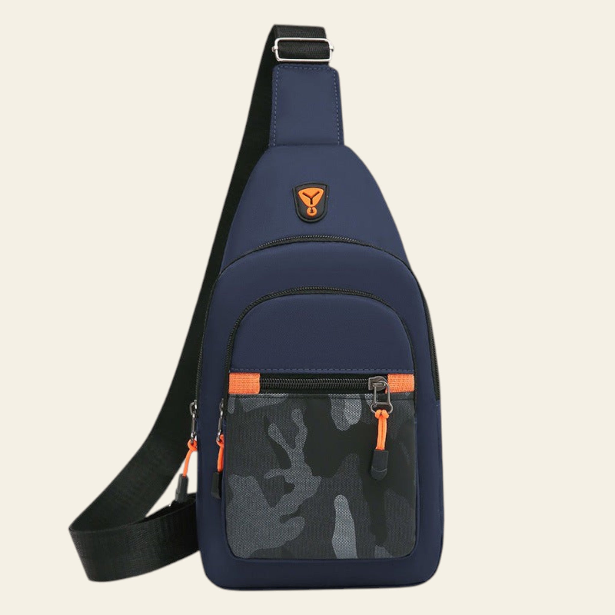Navy blue sling bag with orange accents on a white background