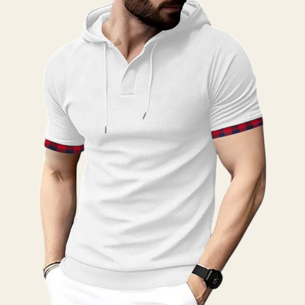 Man wearing a white short sleeve hoodie t-shirt with casual fit