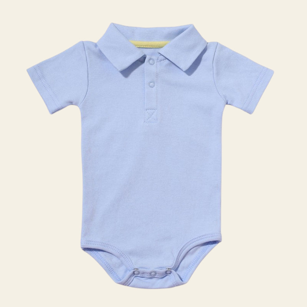 Light blue baby bodysuit with collar on a white background