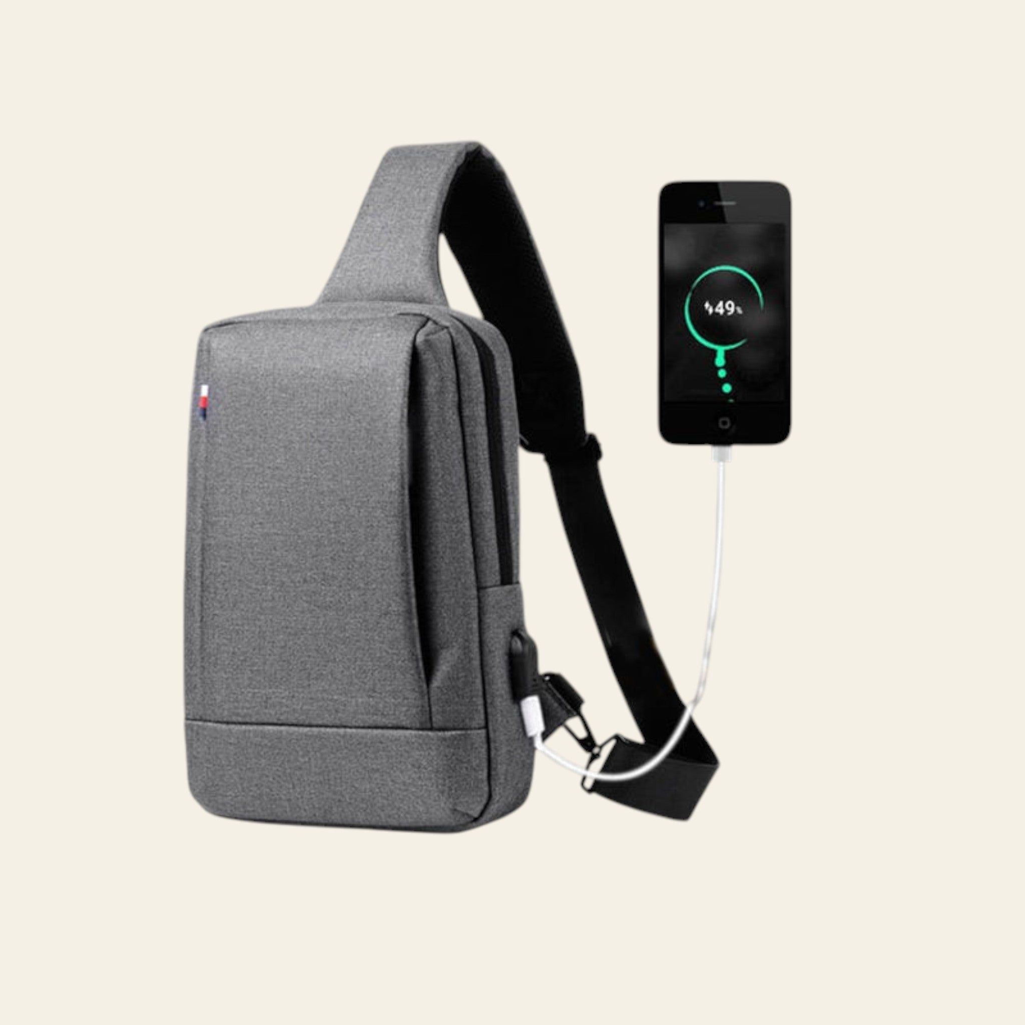 Gray shoulder bag with a smartphone showing battery life on a gray background