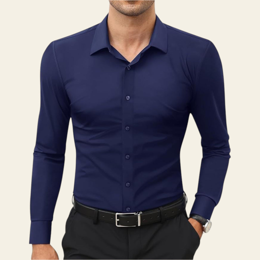 Man wearing a navy blue long sleeve men's shirt
