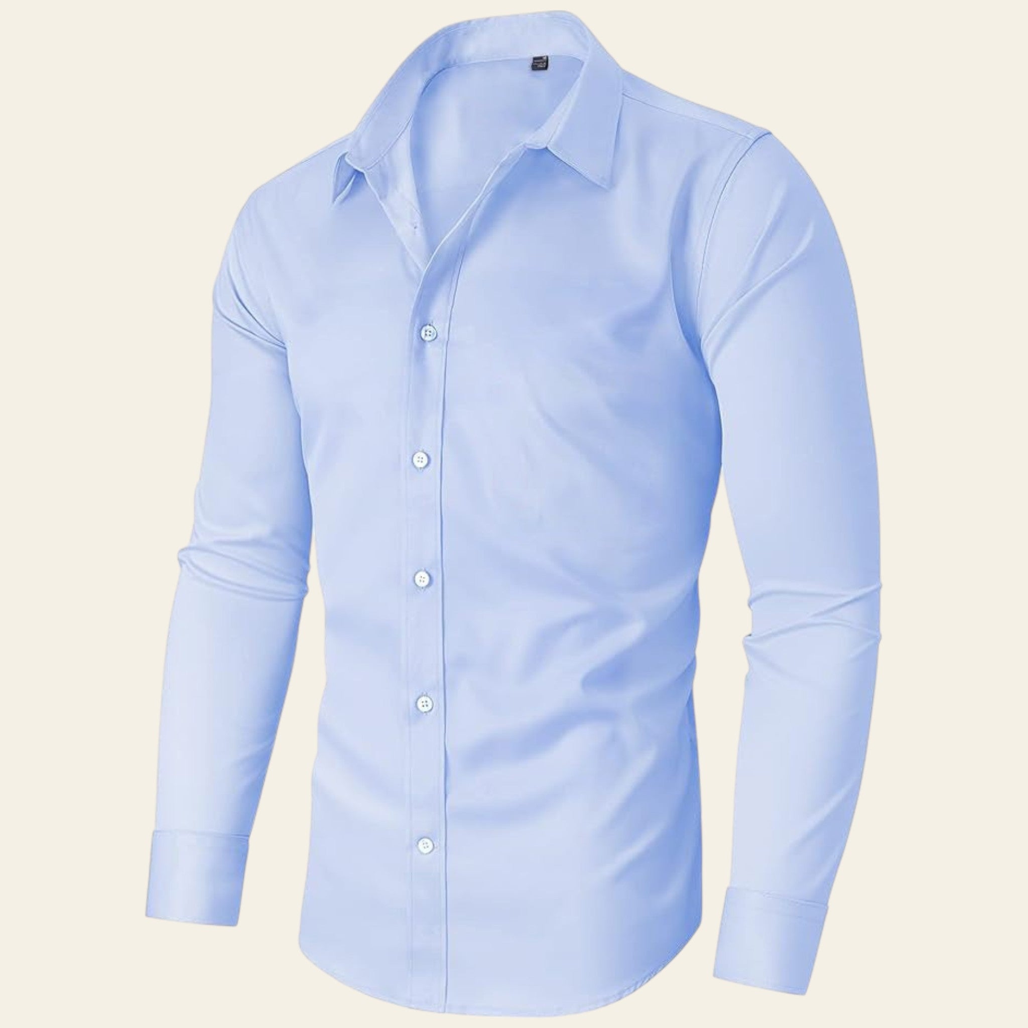 Man wearing a light blue long sleeve men's shirt