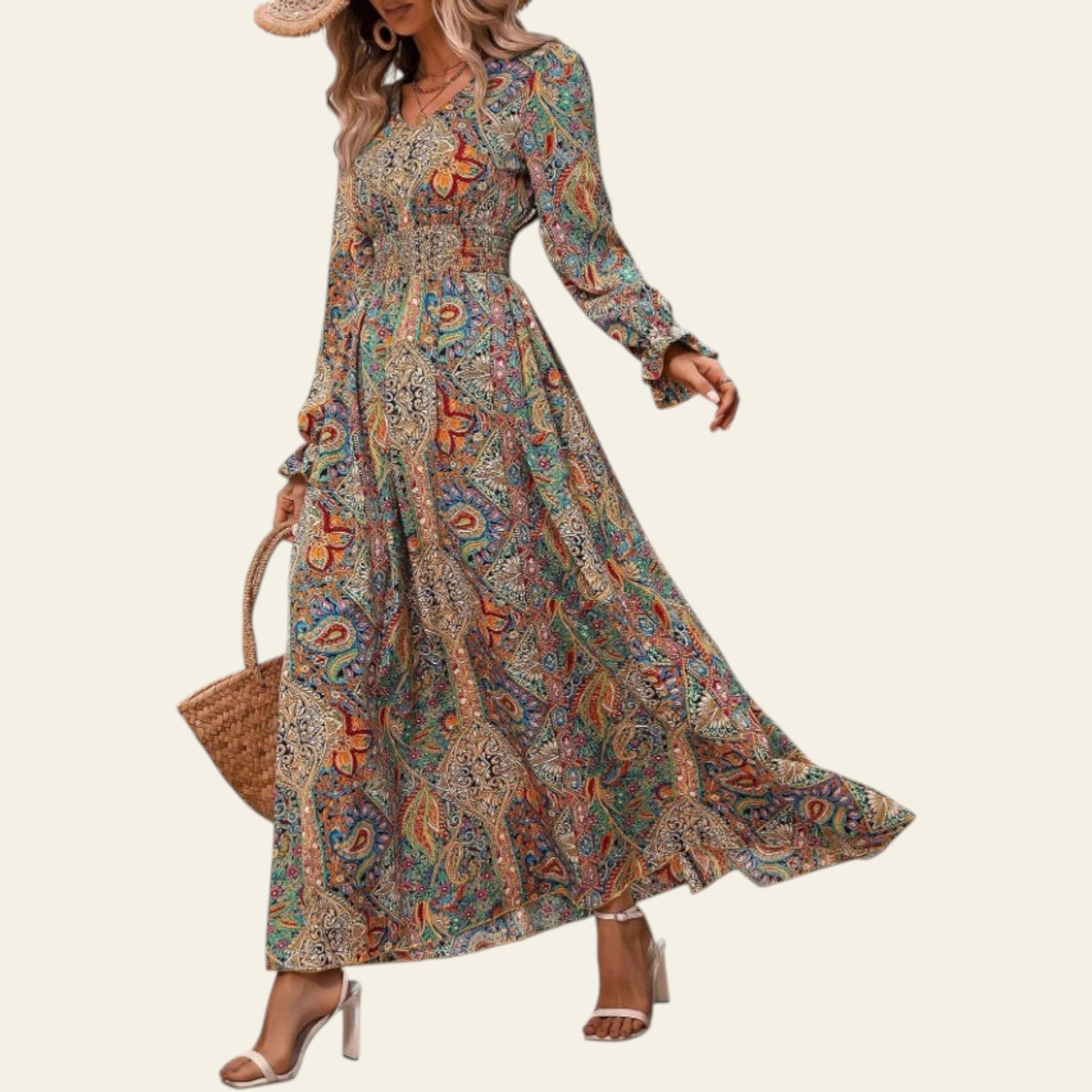 woman wearing a long sleeve floral maxi dress with flowing silhouette