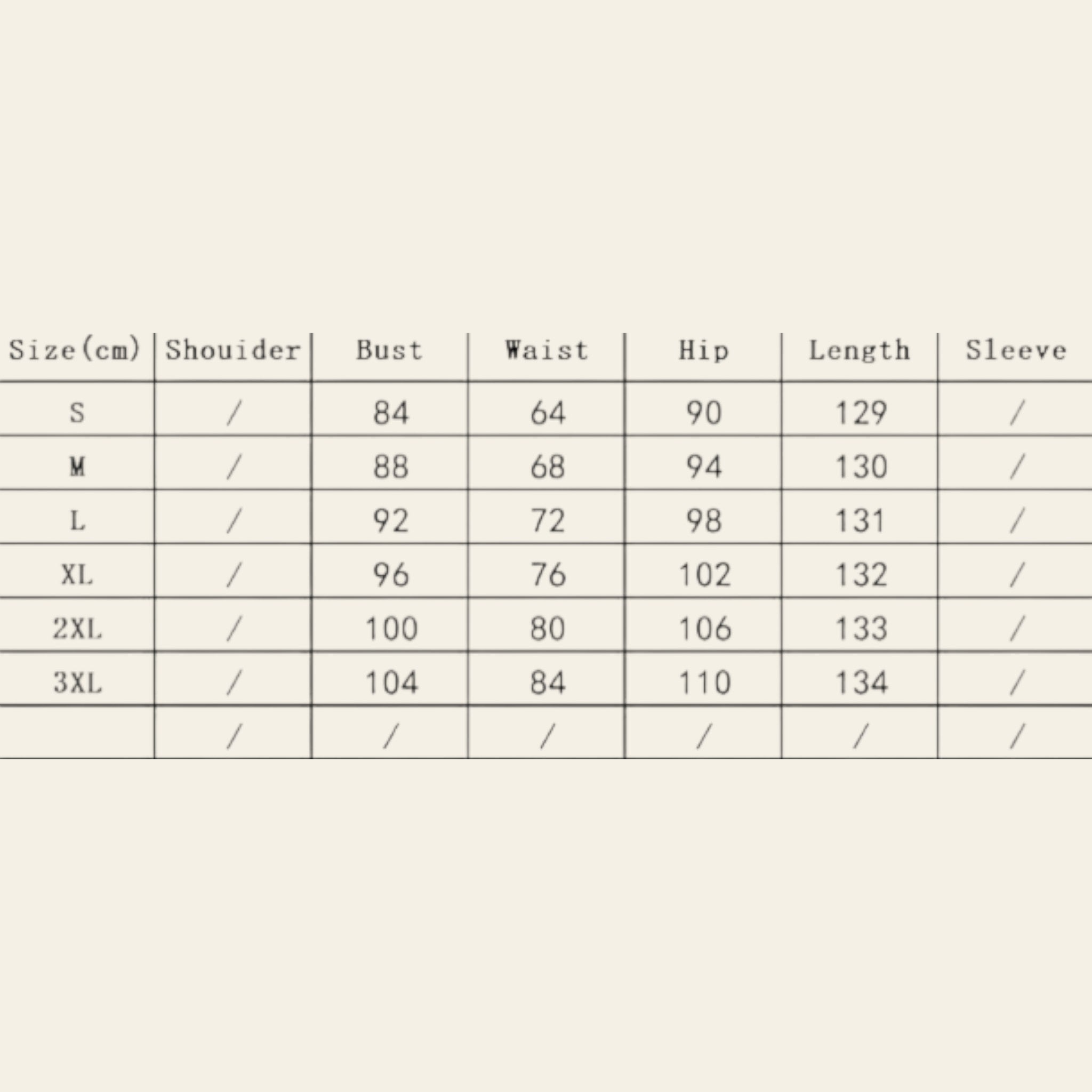 Size chart for floral slit slim fit dress (S-3XL)