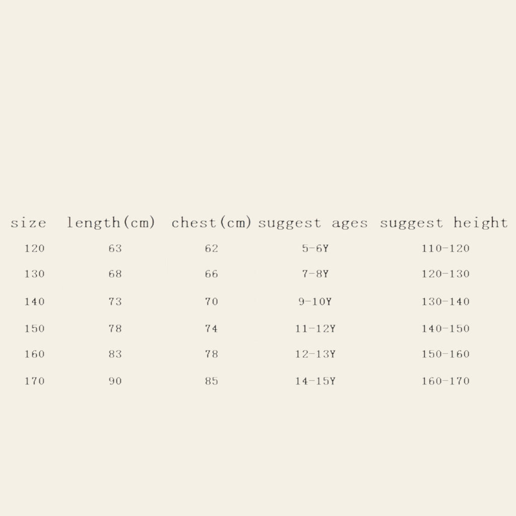 Table showing clothing size chart with length, chest measurements, and suggested age ranges.
