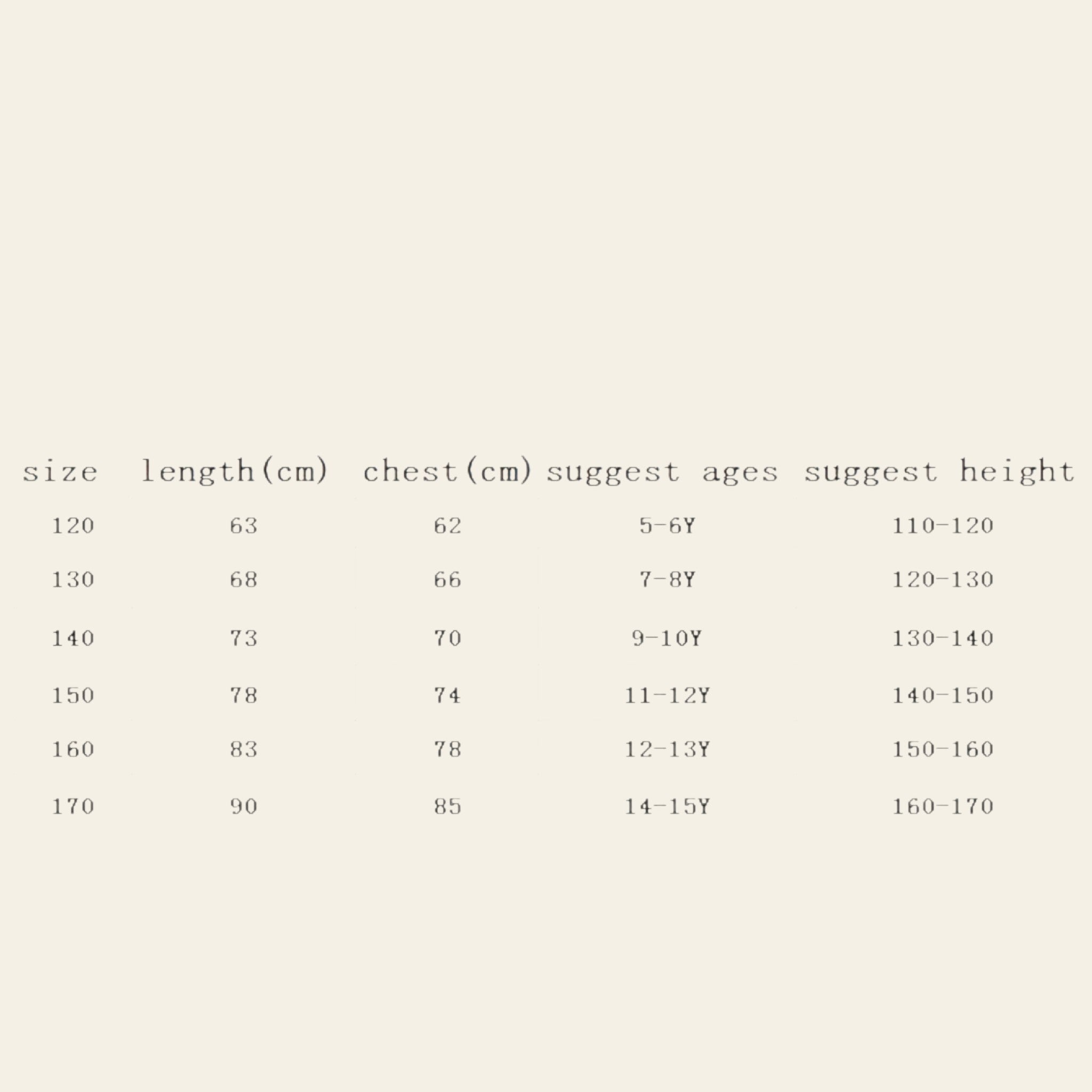 Table showing clothing size chart with length, chest measurements, and suggested age ranges.