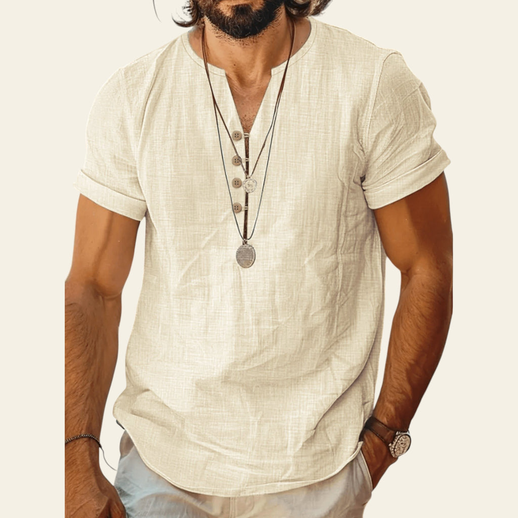 Man wearing a lightweight short sleeve cotton top in Lemon Yellow