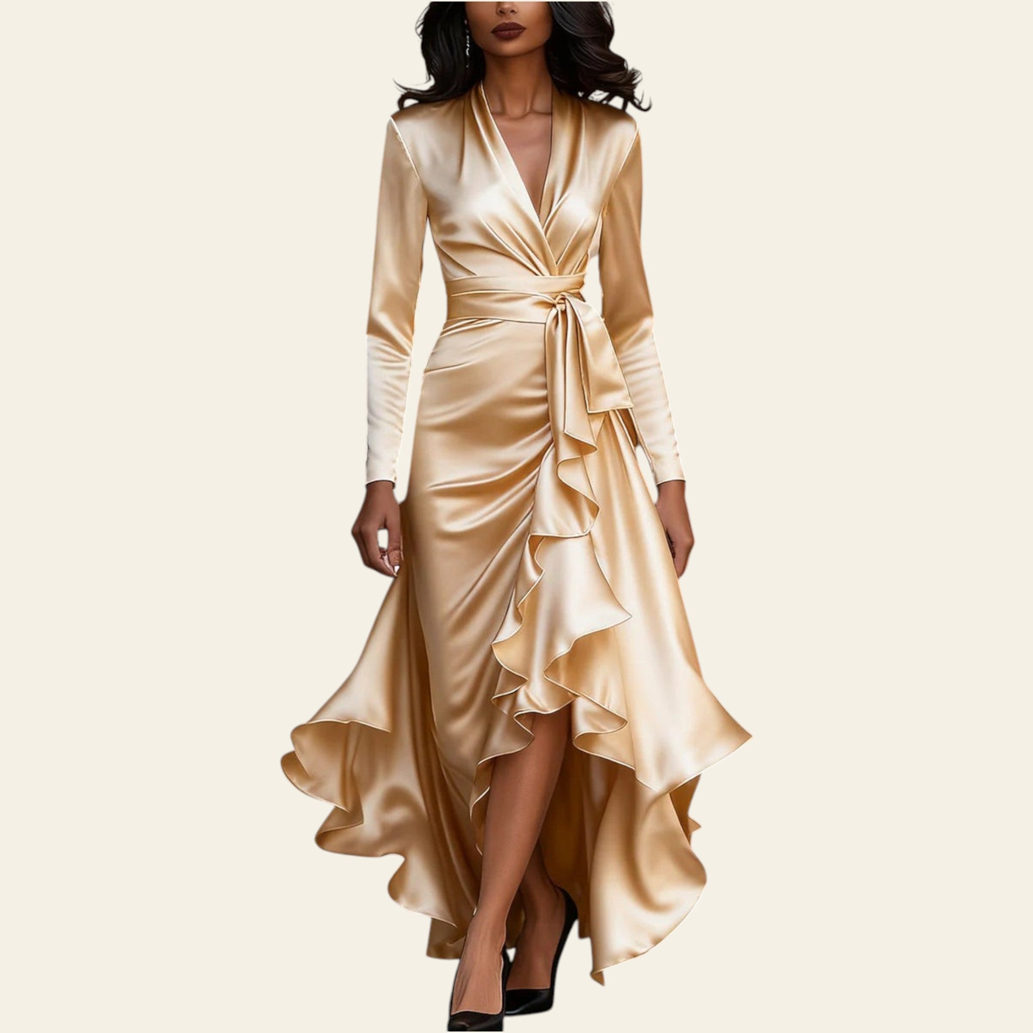 Woman wearing a apricot satin V-neck ruffled hem dress walking on a city street