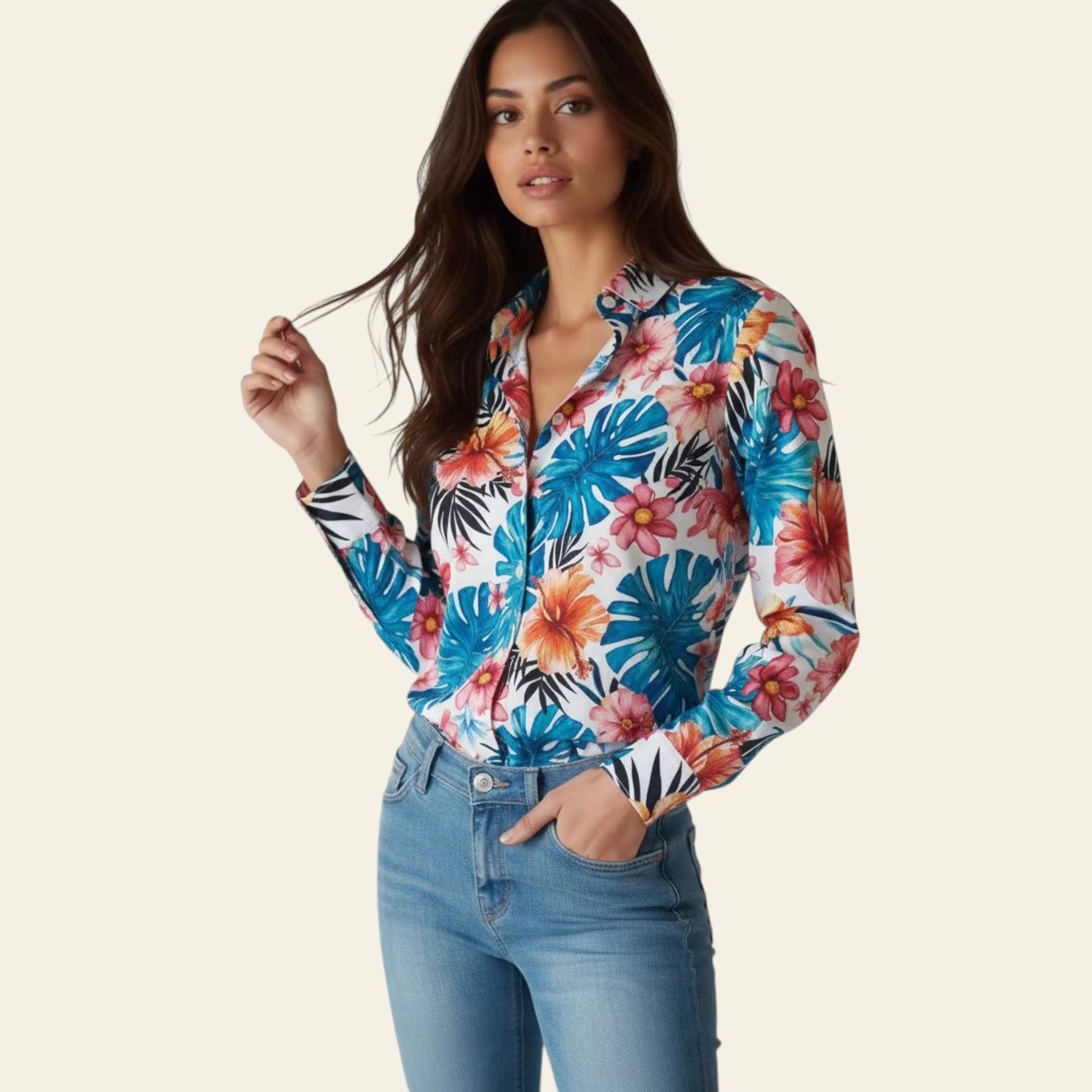Woman wearing a colorful floral shirt and blue jeans against a plain background