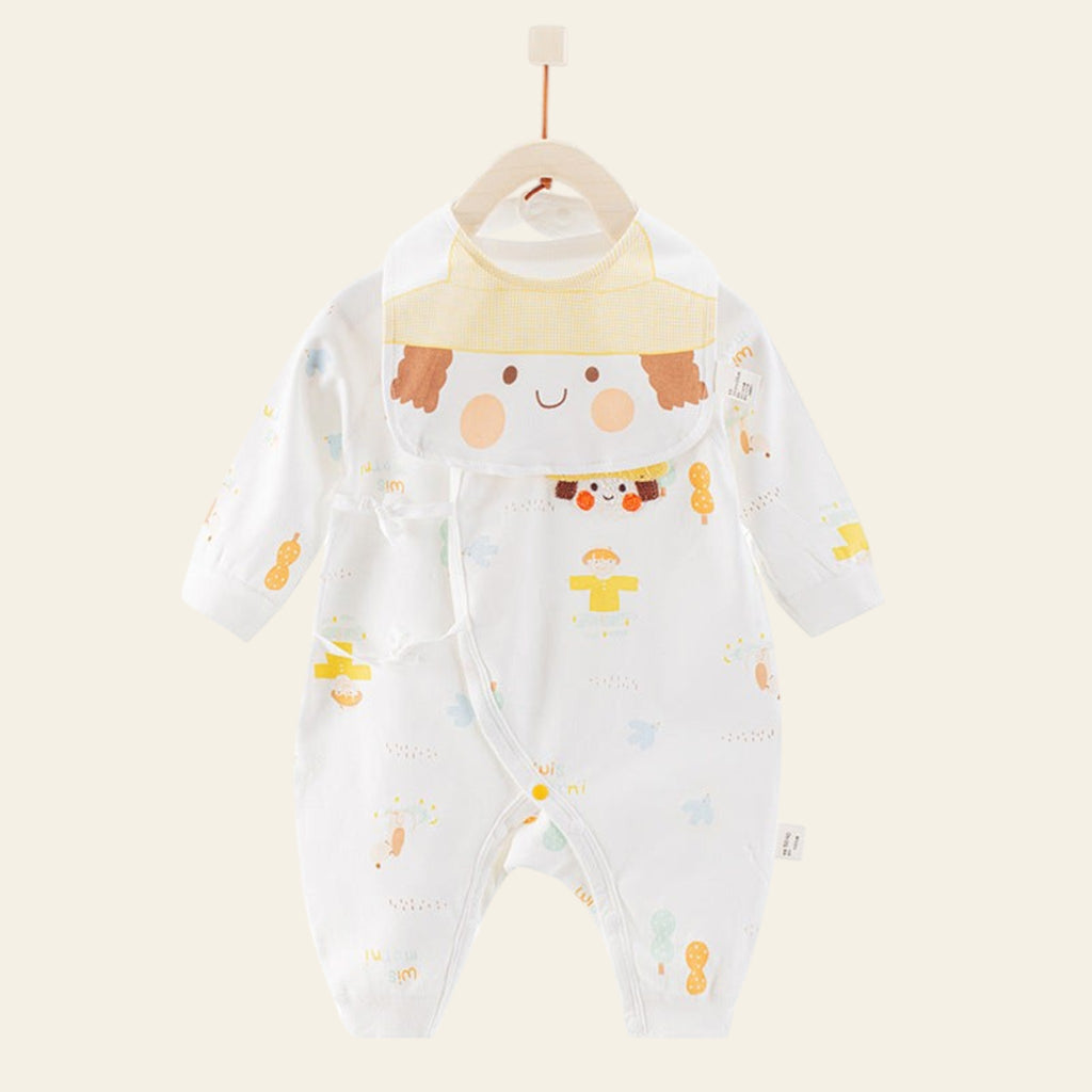 Baby onesie with cartoon design on a hanger against a white background
