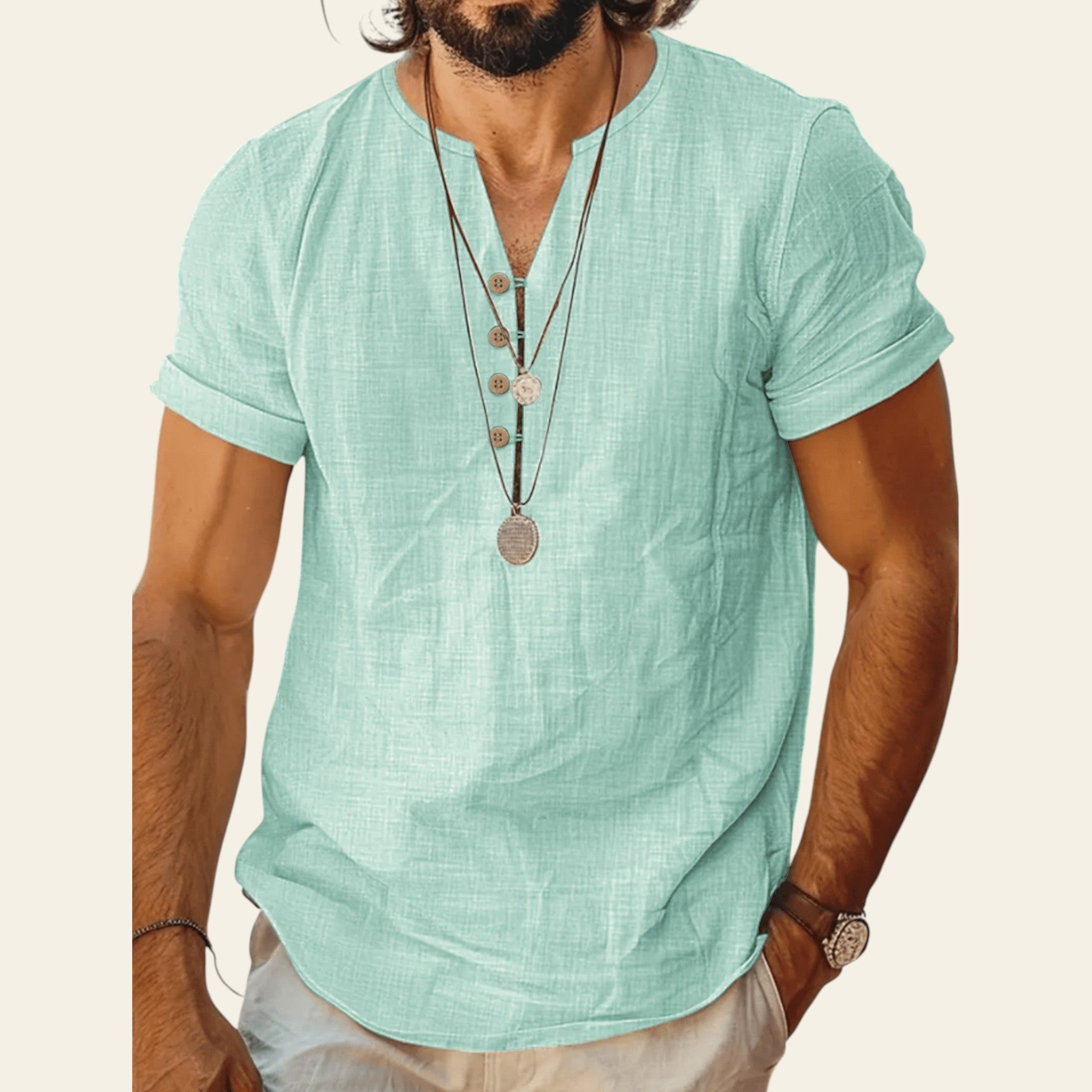 Man wearing a lightweight short sleeve cotton top in Light Green